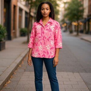 Cappagallo Blouse Top Pink White Floral Petite L